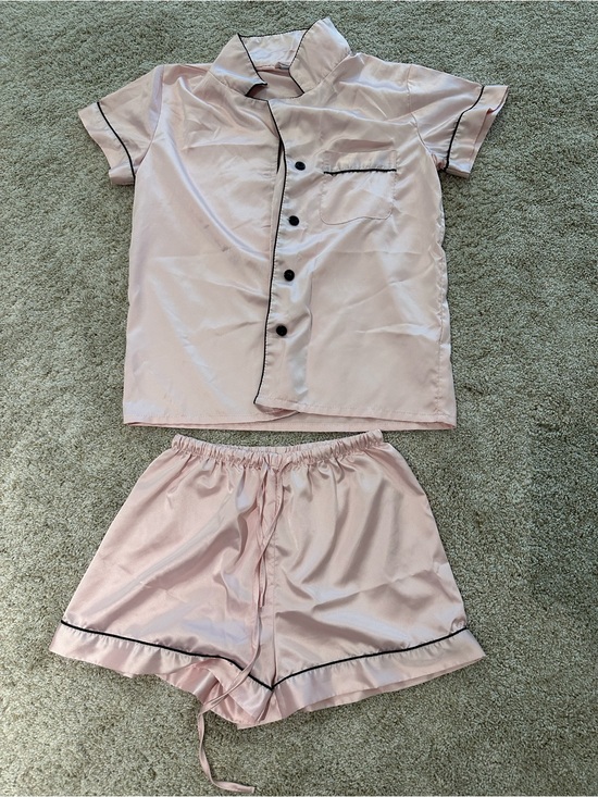 SHEIN Other - SHEIN Light Pink Satin Short PJ Set with Black Trim